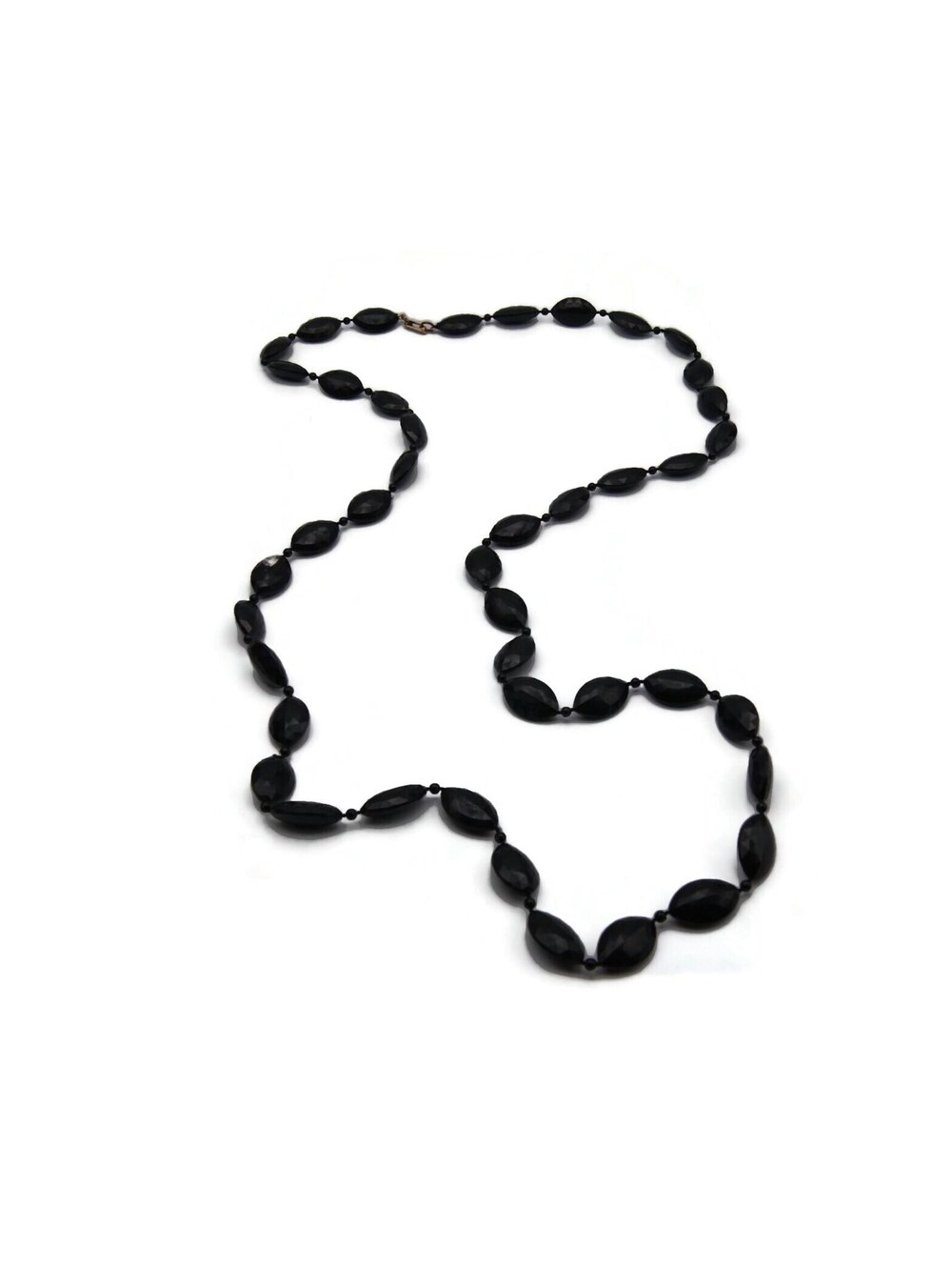 Vintage Black Plastic Beaded 52 Inch Necklace with Gold Tone Hinged Clip Clasp.